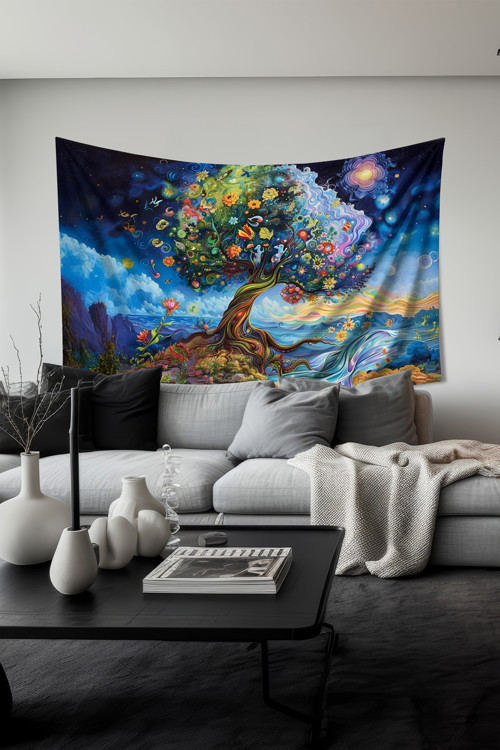 Kozmik Yaşam Ağacı Desenli Duvar Halısı Duvar Örtüsü Tapestry Süet Dokulu Kumaş