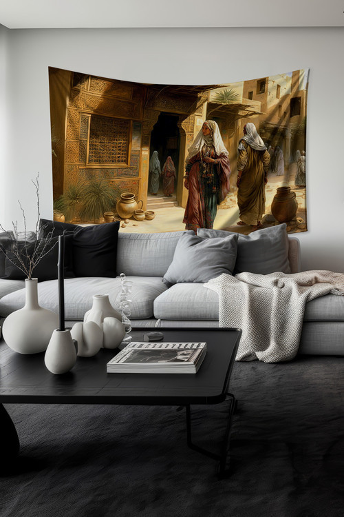 Eski Osmanlı Desenli Duvar Halısı Duvar Örtüsü Tapestry Süet Dokulu Kumaş