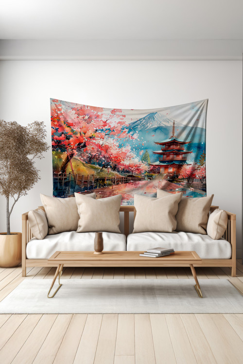 Sakura Ve Pagoda Desenli Duvar Halısı Duvar Örtüsü Tapestry Süet Dokulu Kumaş