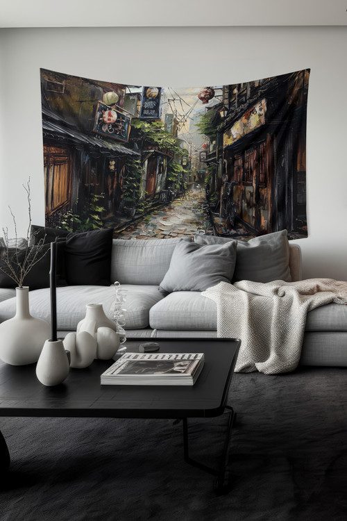 Kore Sokakları Desenli Duvar Halısı Duvar Örtüsü Tapestry Süet Dokulu Kumaş