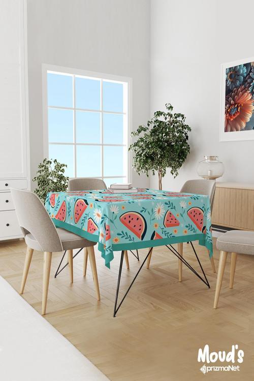 Turkuaz Karpuz Ve Papatya Desenli Süet Dertsiz Masa Örtüsü