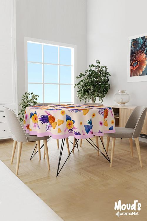 Renkli Ananas Ve Çiçek Desenli Yuvarlak Süet Dertsiz Masa Örtüsü