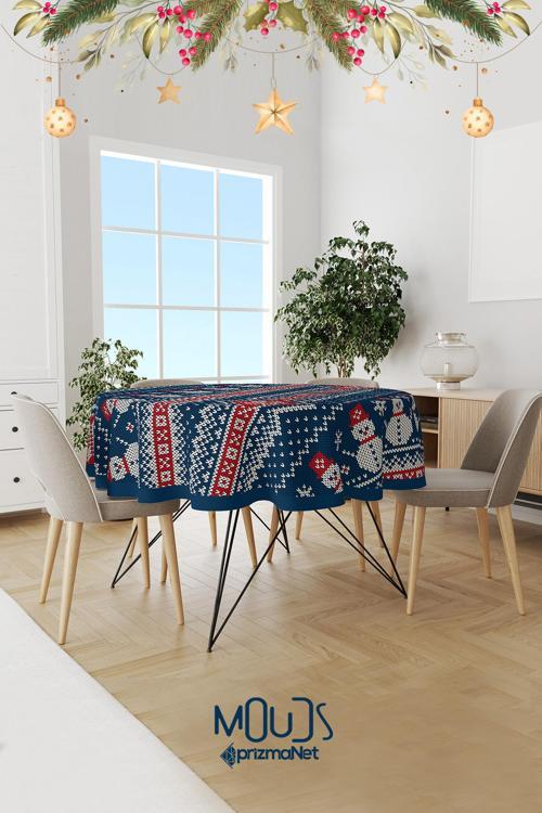 Kardan Adam Yılbaşı Kazağı Desenli Yuvarlak Süet Dertsiz Masa Örtüsü