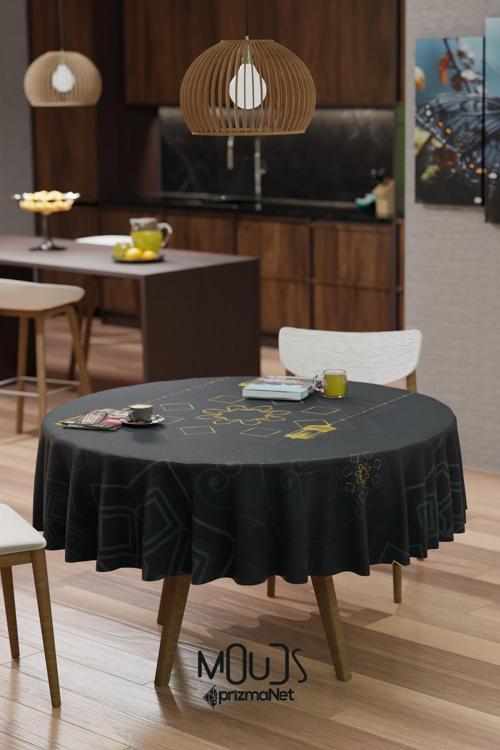 Ramazan Siyah Sekizgen Desenli Süet Kumaş Dertsiz Yuvarlak Masa Örtüsü Ramadan