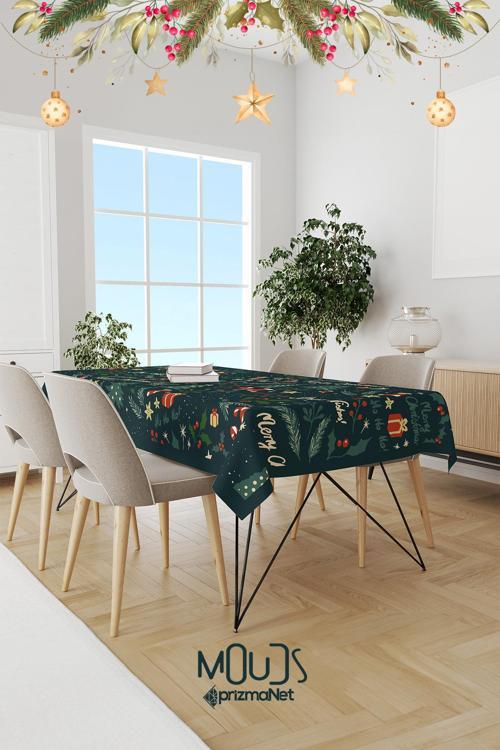 Yeşil Merry Christmas Yılbaşı Desenli Süet Dertsiz Masa Örtüsü