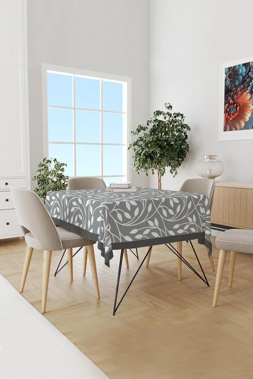 Gri Flora Serisi Desenli Yuvarlak Süet Dertsiz Masa Örtüsü