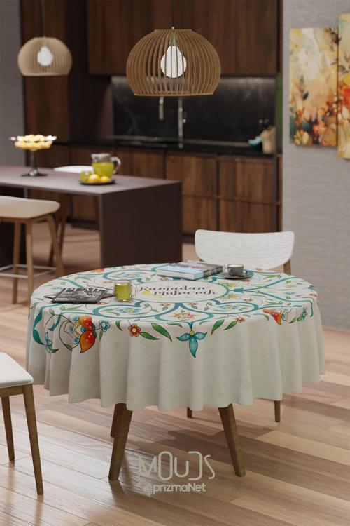 Ramazan Mübarek Çiçekli Desenli Süet Kumaş Dertsiz Yuvarlak Masa Örtüsü Ramadan