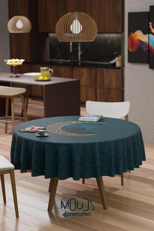 Ramazan Ay Ve Camii Silüet Desenli Süet Kumaş Dertsiz Yuvarlak Masa Örtüsü Ramadan