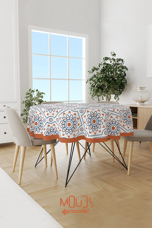 Kompleks Daire İslamik Desenli Süet Kumaş Dertsiz Yuvarlak Masa Örtüsü