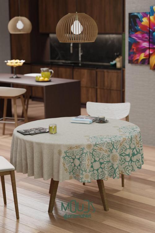 Ramazan Su Yeşili Desenli Süet Kumaş Dertsiz Yuvarlak Masa Örtüsü Ramadan