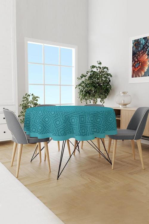 Turkuaz Beşgen Desenli Yuvarlak Süet Dertsiz Masa Örtüsü