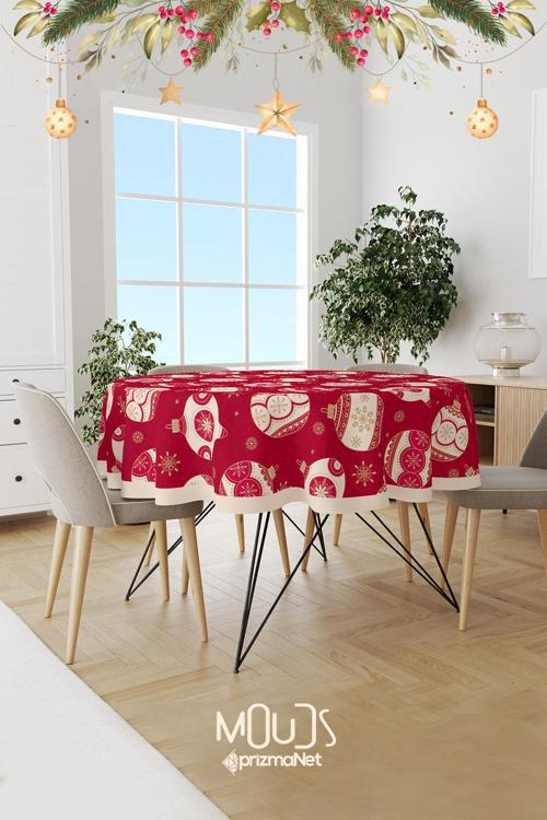 Yılbaşı Topları Desenli Yuvarlak Süet Dertsiz Masa Örtüsü