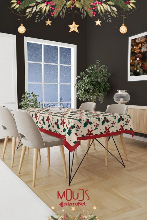 Krem Kokina Çiçeği Yılbaşı Desenli Masa Örtüsü Dertsiz Süet Dokulu Kumaş Kare Ve Dikdörtgen