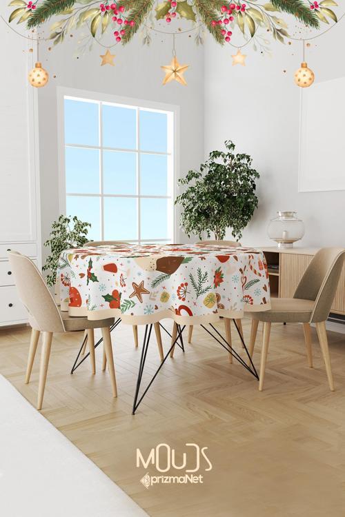 Yılbaşı Keki Desenli Yuvarlak Süet Dertsiz Masa Örtüsü