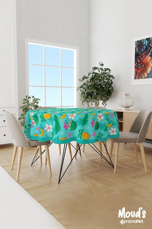 Turkuaz Ananas Ve Hindistan Cevizi Desenli Yuvarlak Süet Dertsiz Masa Örtüsü