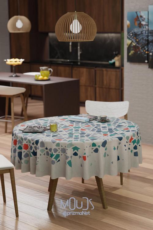 Ramazan Renkli İslamik Desenli Süet Kumaş Dertsiz Yuvarlak Masa Örtüsü Ramadan