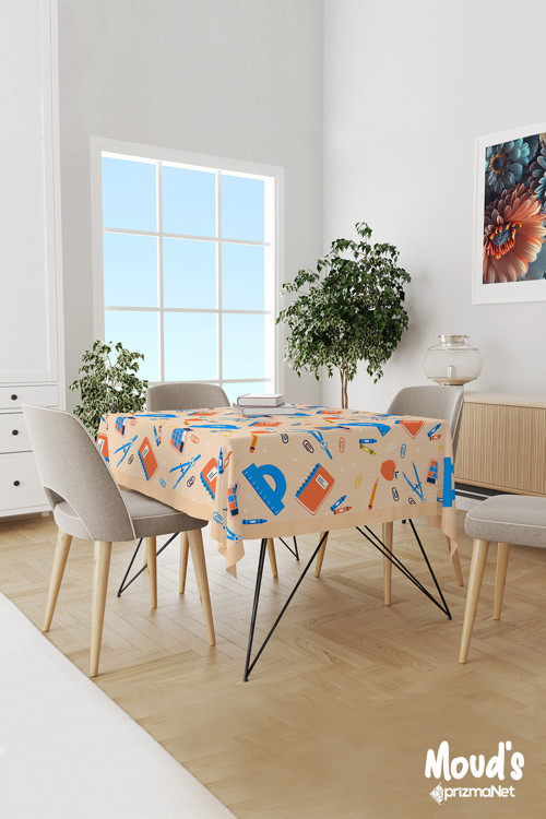 Krem Pergel Ve Cetvel Desenli Süet Dertsiz Masa Örtüsü