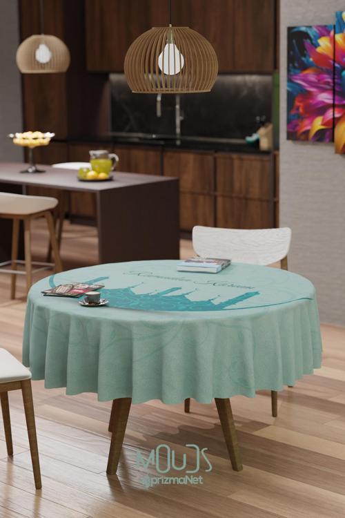 Ramazan Turkuaz Camii Silüet Desenli Süet Kumaş Dertsiz Yuvarlak Masa Örtüsü Ramadan