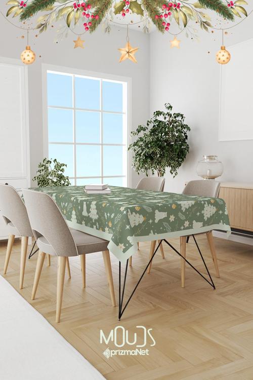 Haki Yılbaşı Desenli Süet Dertsiz Masa Örtüsü