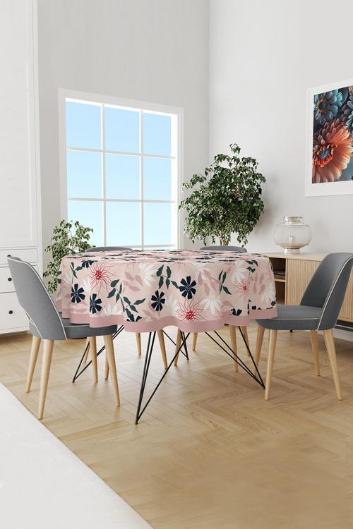 Mirror Flowers 4 Çiçek Desenli Yuvarlak Süet Dertsiz Masa Örtüsü