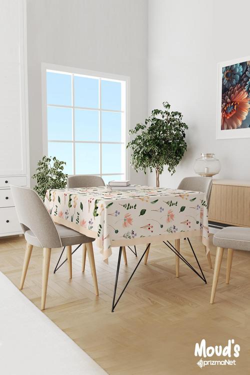 Renkli Çiçek Dalları Desenli Süet Dertsiz Masa Örtüsü