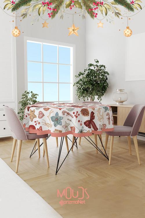 Retro Yılbaşı Desenli Yuvarlak Süet Dertsiz Masa Örtüsü