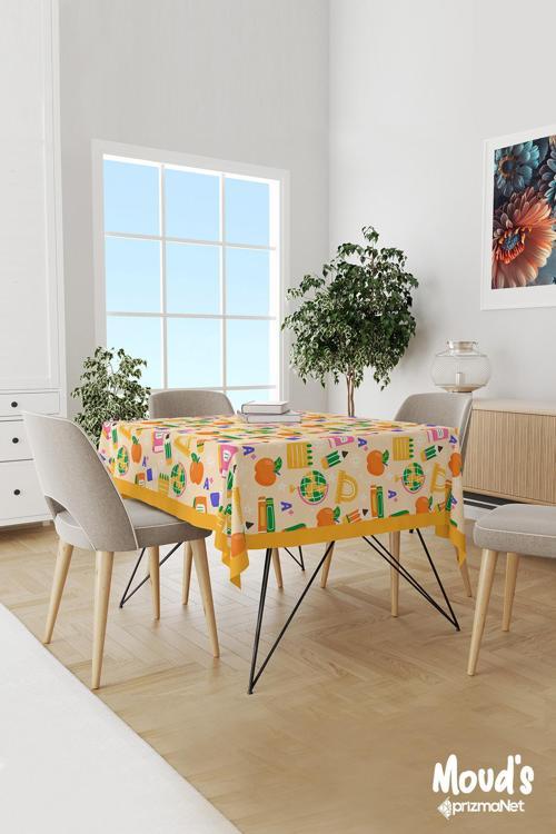 Turuncu Defter Okul Desenli Süet Dertsiz Masa Örtüsü