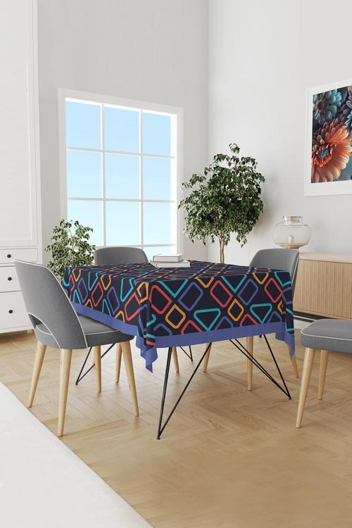 Lacivert Renkli Kareler Desenli Yuvarlak Süet Dertsiz Masa Örtüsü