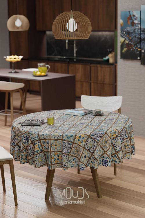 Ramazan Etnik Kare Desenli Süet Kumaş Dertsiz Yuvarlak Masa Örtüsü Ramadan