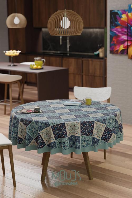 Ramazan İslamik Kare Desenli Süet Kumaş Dertsiz Yuvarlak Masa Örtüsü Ramadan