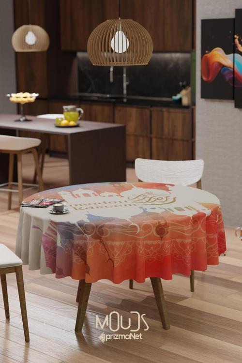 Turuncu Ramazan Kerim Desenli Süet Kumaş Dertsiz Yuvarlak Masa Örtüsü Ramadan