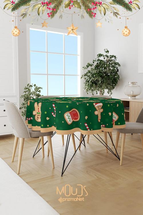 Yeşil Yılbaşı Kurabiyeleri Desenli Yuvarlak Süet Dertsiz Masa Örtüsü