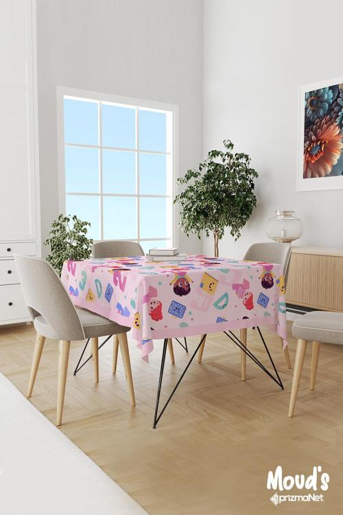 Minik Öğrenciler Ve Sayılar Desenli Süet Dertsiz Masa Örtüsü