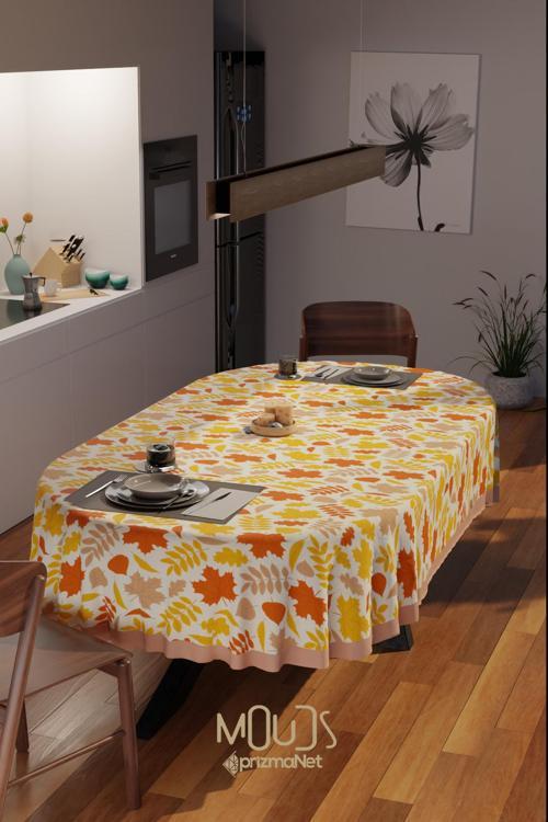 Sonbahar Yaprakları Desenli Süet Kumaş Dertsiz Oval Masa Örtüsü