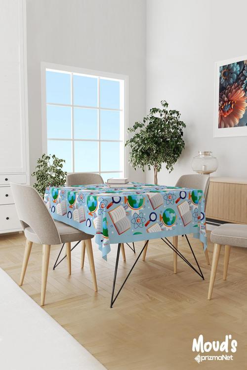 Mavi Coğrafya Dersi Desenli Süet Dertsiz Masa Örtüsü