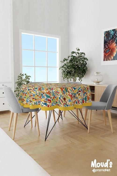 Renkli Fırça Darbesi Desenli Yuvarlak Süet Dertsiz Masa Örtüsü