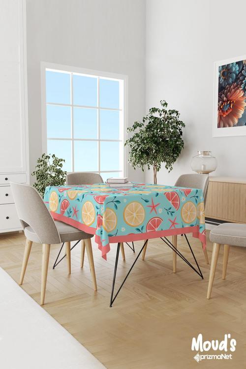 Mavi Limon Ve Deniz Yıldızı Desenli Süet Dertsiz Masa Örtüsü