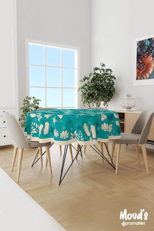 Mavi Palmiyeler Desenli Yuvarlak Süet Dertsiz Masa Örtüsü