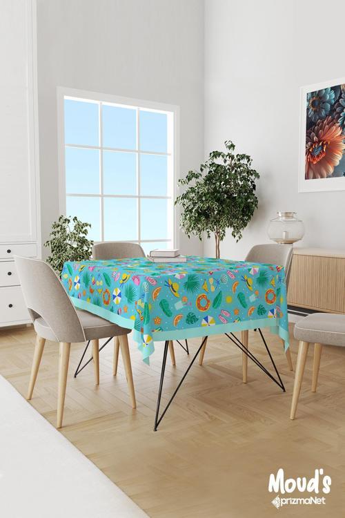 Mavi Şapka Ve Bikini Desenli Süet Dertsiz Masa Örtüsü