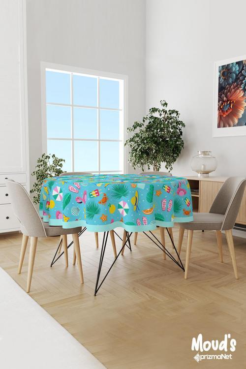 Mavi Şapka Ve Bikini Desenli Yuvarlak Süet Dertsiz Masa Örtüsü