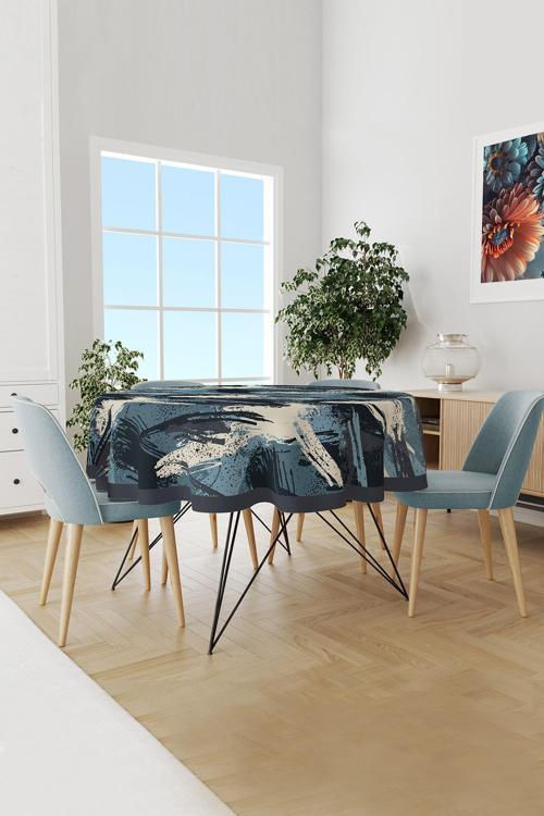 Blue Brush Desenli Yuvarlak Süet Dertsiz Masa Örtüsü