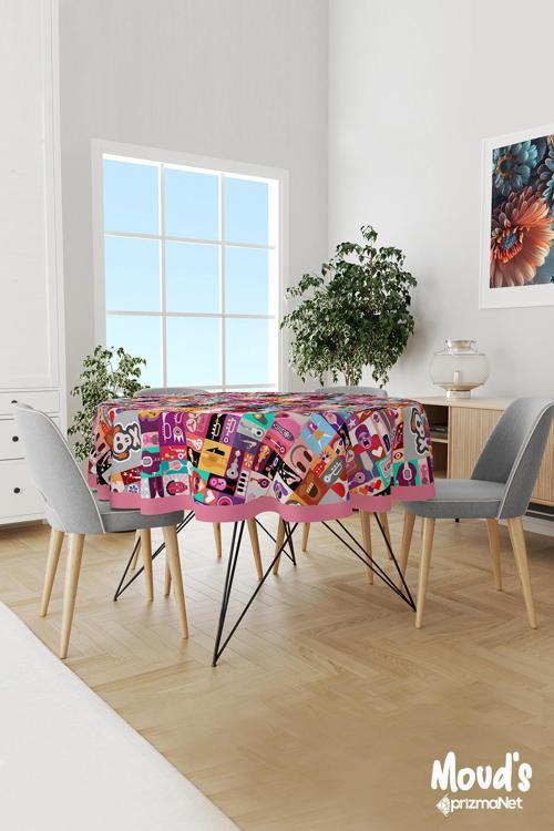 Music Board Desenli Yuvarlak Süet Dertsiz Masa Örtüsü
