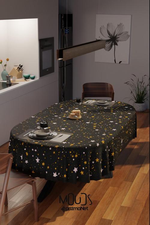 Siyah Yıldız Desenli Süet Kumaş Dertsiz Oval Masa Örtüsü