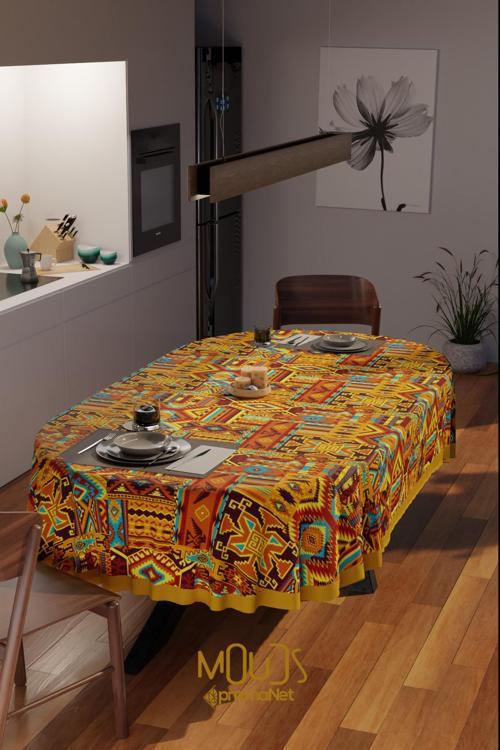 Etnik Kilim Desenli Süet Kumaş Dertsiz Oval Masa Örtüsü