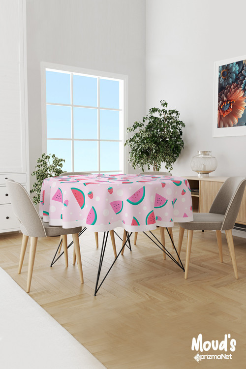 Pembe Karpuz Ve Çilek Desenli Yuvarlak Süet Dertsiz Masa Örtüsü