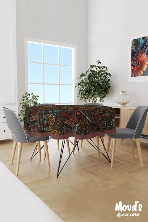 Hitit Figür 4 Desenli Yuvarlak Süet Dertsiz Masa Örtüsü