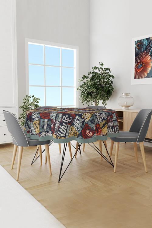 Amblem Desenli Yuvarlak Süet Dertsiz Masa Örtüsü