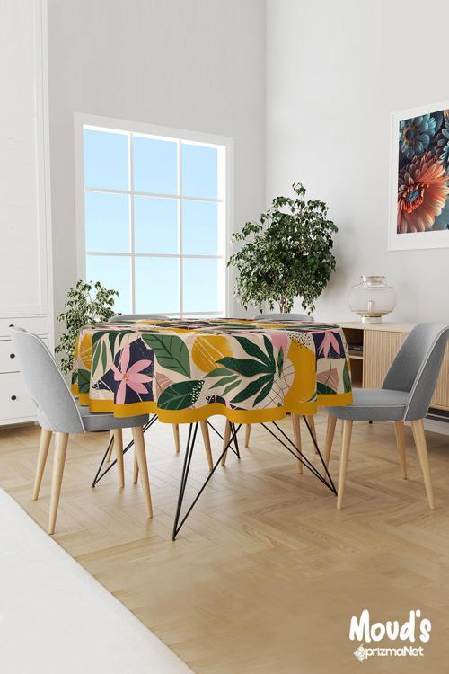 Çiçek Desenli Yuvarlak Süet Dertsiz Masa Örtüsü