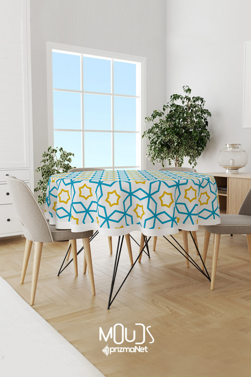 Mavi Sarı İslamik Desenli Süet Kumaş Dertsiz Yuvarlak Masa Örtüsü