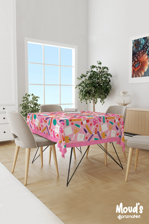 Pembe Kalem Kağıt Makas Desenli Süet Dertsiz Masa Örtüsü